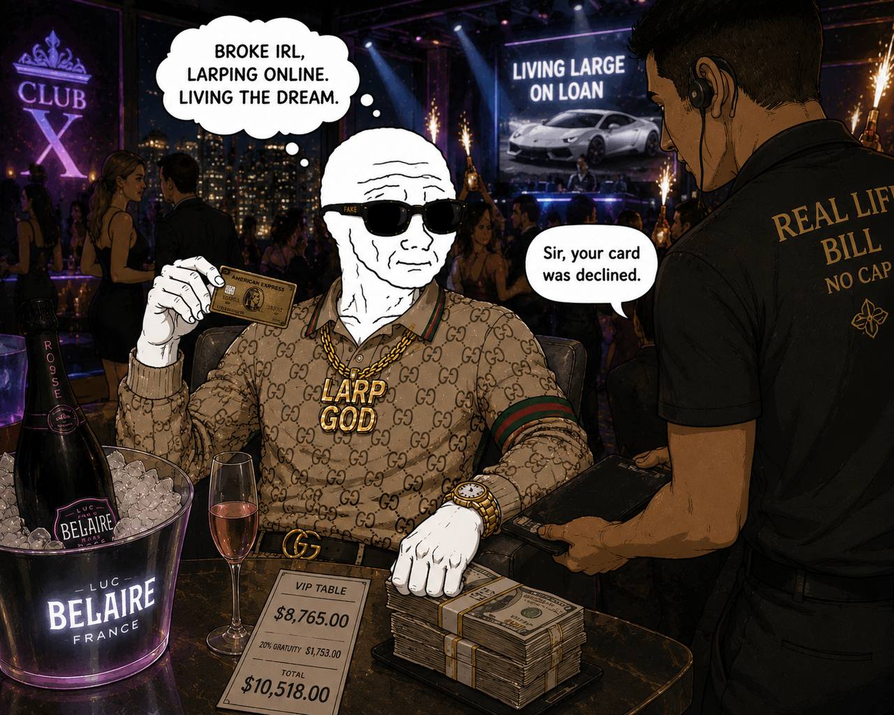 LARPGOD at a nightclub holding a card while the bill arrives.